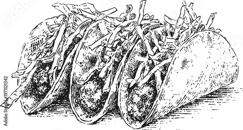 Three tacos filled with meat and shredded lettuce, hand drawn vintage food illustration