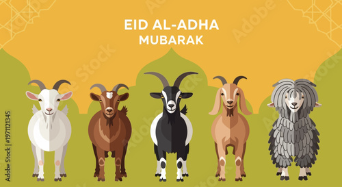 Colorful cartoon illustration of diverse goats, representing a joyful cultural and religious celebration, ideal for festive greetings and holiday themes