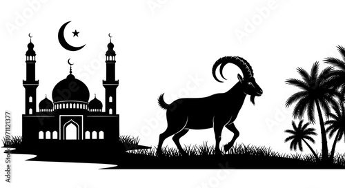 Vector silhouette of a mosque, a goat, and palm trees, symbolizing an important Islamic festival and the tradition of sacrifice