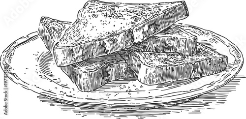 Hand drawn toasted bread slices stacked on a plate, vintage black and white sketch