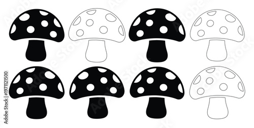 手描き風の可愛いキノコのイラストセット、白黒で表現されたドット柄の毒キノコ、森の植物やファンタジーの世界観を彩るベクター素材、アイコンや装飾に最適なデザインエレメント
