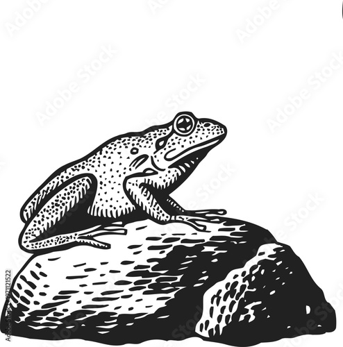 Frog sitting on rock black and white detailed vintage amphibian illustration
