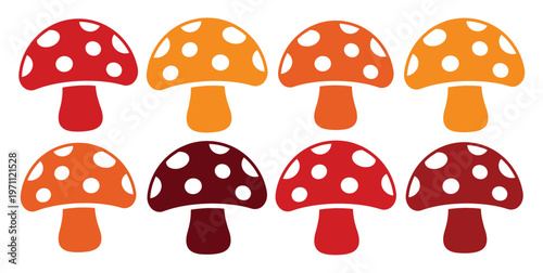 秋の森を彩る、赤、オレンジ、茶色の水玉模様の可愛いキノコ8個セット。ベクターイラスト素材、子供向けデザインや自然をテーマにしたプロジェクトに最適。