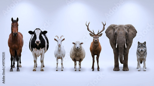A diverse group of animals standing together in a clean and minimalist environment