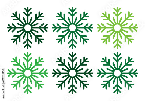 緑色の雪の結晶アイコンセット、冬の季節感を表現するシンプルなベクターイラスト素材、クリスマスやホリデーデザインに最適なグラフィックリソース