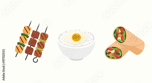 Halal Food Vector Illustration Set Featuring Grilled Meat Kebabs, Rice Bowl with Egg, and Beef Shawarma Wraps in Flat Design Style