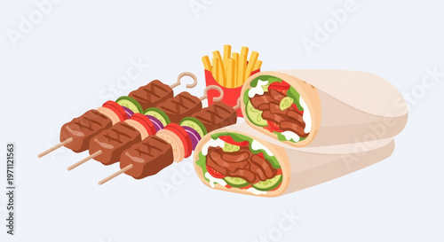 Middle Eastern Halal Food Set with Beef Kebab Skewers, Meat Shawarma Wrap, and French Fries Illustration