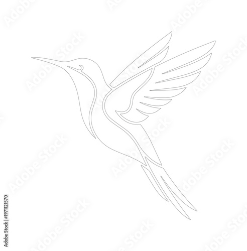 ミニマルなハチドリのベクターイラスト、優雅に舞う鳥のシンプルな線画デザイン、ロゴやアイコンに最適な抽象的な鳥のシルエット、自然と自由を象徴するグラフィック素材