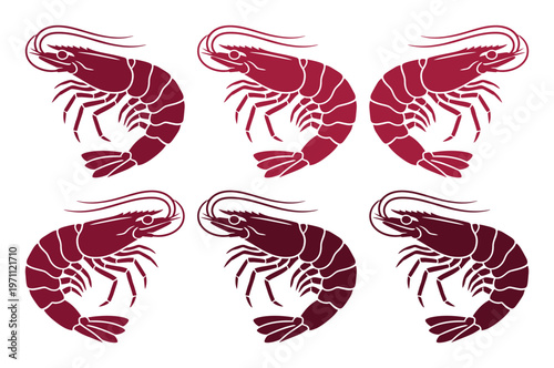 新鮮な赤色のエビ6匹のベクターイラストセット、シーフードレストランのメニューや水産加工品のパッケージデザインに最適な、シンプルで洗練された甲殻類のアイコンコレクション