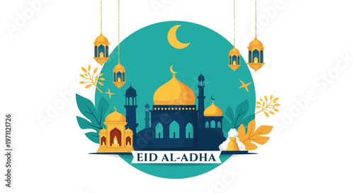 Islamic holiday celebration with a vibrant mosque and crescent moon, adorned with decorative lanterns and lush foliage, symbolizing peace and blessings