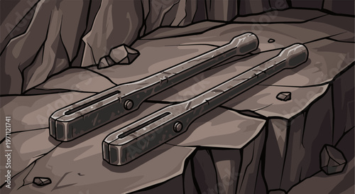 Two weathered metal tools rest on rough, rocky terrain