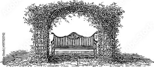 Vintage garden bench under leafy arch outdoor wooden seating in peaceful shaded area