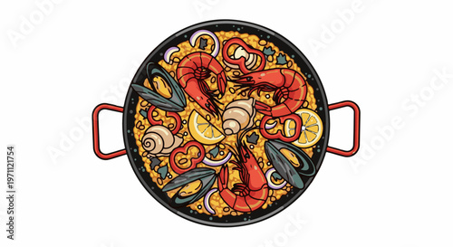 Vibrant illustration of a seafood paella dish in a pan, garnished with prawns