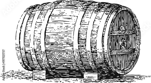 Wooden barrel with metal hoops lying on side, vintage handcrafted storage container illustration