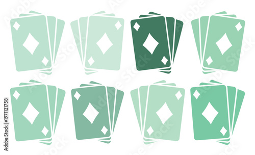 トランプカードのベクターイラストセット、ダイヤモンドマークのカードが複数枚重なったミニマルなデザイン、カジノやゲーム、エンターテイメント関連のプロジェクトに最適なカードゲーム素材