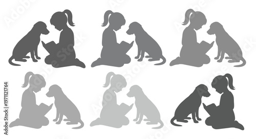 子供と犬のシルエット、寄り添う少女と子犬の絆、ペットとの触れ合いを描いたモノクロベクターイラスト素材、動物愛護や家族のテーマに。