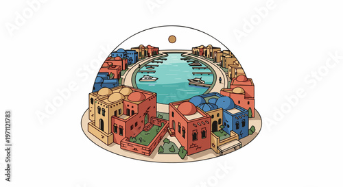 Vibrant Mediterranean harbor town with boats and colorful buildings