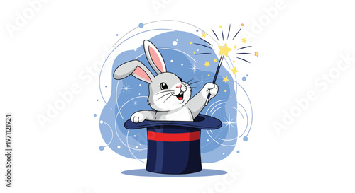 Cute white rabbit popping out of a black magician top hat with a magic wand and sparkling stars in a blue circular glow.