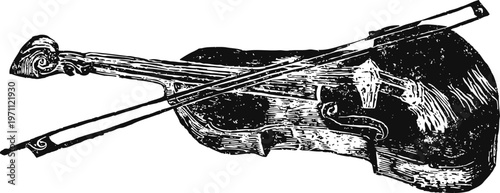 Vintage violin and bow illustration classic string instrument with detailed wood texture and craftsmanship