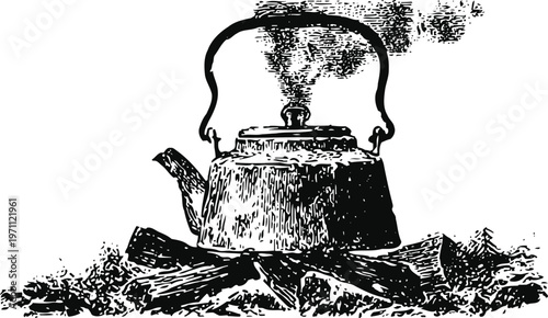 Vintage kettle boiling on campfire with smoke rising in rustic outdoor setting