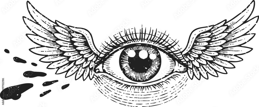 Obraz premium Hand drawn mystical eye with detailed wings and ink splashes surreal spiritual symbolism, tattoo art design