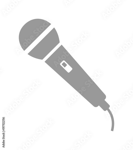 グレーのシンプルなマイクアイコン、歌唱やスピーチ、音声録音に最適なベクターイラスト素材、音楽イベントやポッドキャスト配信の視覚的表現に活用できる単一のデジタルグラフィック