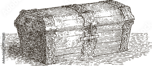 Ornate vintage treasure chest illustration with intricate metalwork and wooden texture