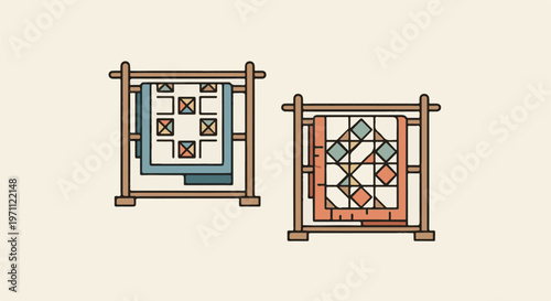 Two wooden racks display colorful textile art with geometric patterns