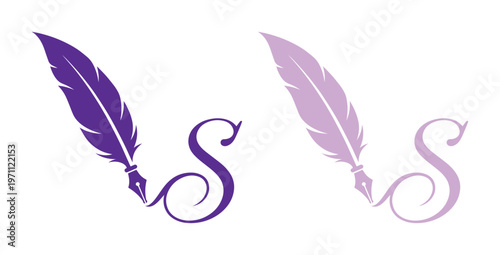 エレガントな羽ペンと流れるような「S」の文字を組み合わせた、創造性と執筆を象徴するパープルとラベンダーのベクターロゴデザイン。文学、教育、コミュニケーション関連のブランドに最適なアイコン。