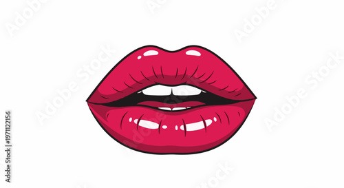 Vibrant red lips with a glossy sheen, open slightly with teeth visible