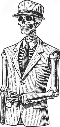 Skeleton wearing suit and fedora hat with eyepatch, vintage spooky gentleman illustration