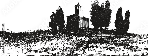 Black and white illustration of a hilltop church surrounded by tall trees in a rural landscape
