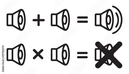 Sound volume control principles displayed through basic math equations with speaker line art icon variations.