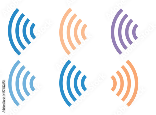電波信号とWi-Fiアイコンのベクターセット、無線通信とネットワーク接続を示すカラフルな波形シンボル、デジタル技術と情報伝達の視覚表現