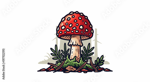 Vibrant red mushroom with white spots, surrounded by forest elements