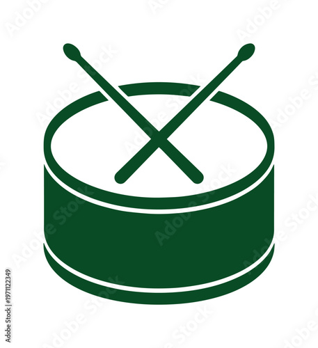 ドラムとドラムスティックのシンプルな緑色ベクターアイコン、音楽、リズム、エンターテイメントを象徴する楽器のミニマルなグラフィック素材、ウェブサイトやアプリのUIデザインに最適な単色シンボル