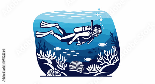 Underwater scene with a diver exploring a coral reef and fish