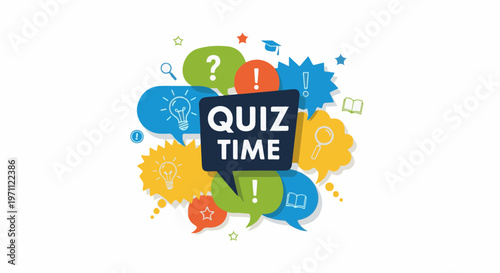 Vibrant speech bubbles with "Quiz Time" text, lightbulbs, books, and question marks