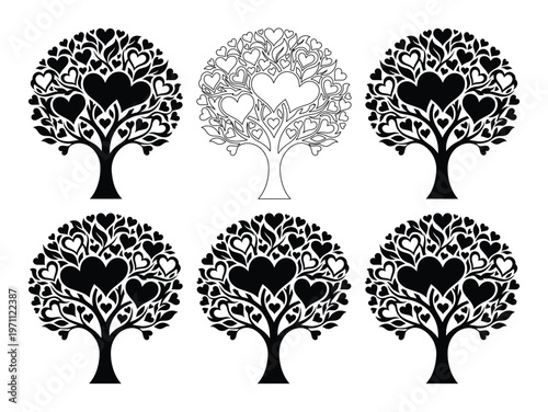 愛と生命を象徴するハートの木、結婚式や記念日に最適なロマンチックなベクターイラスト素材集。家族の絆や成長を表現する美しいシルエットデザイン6点セット。