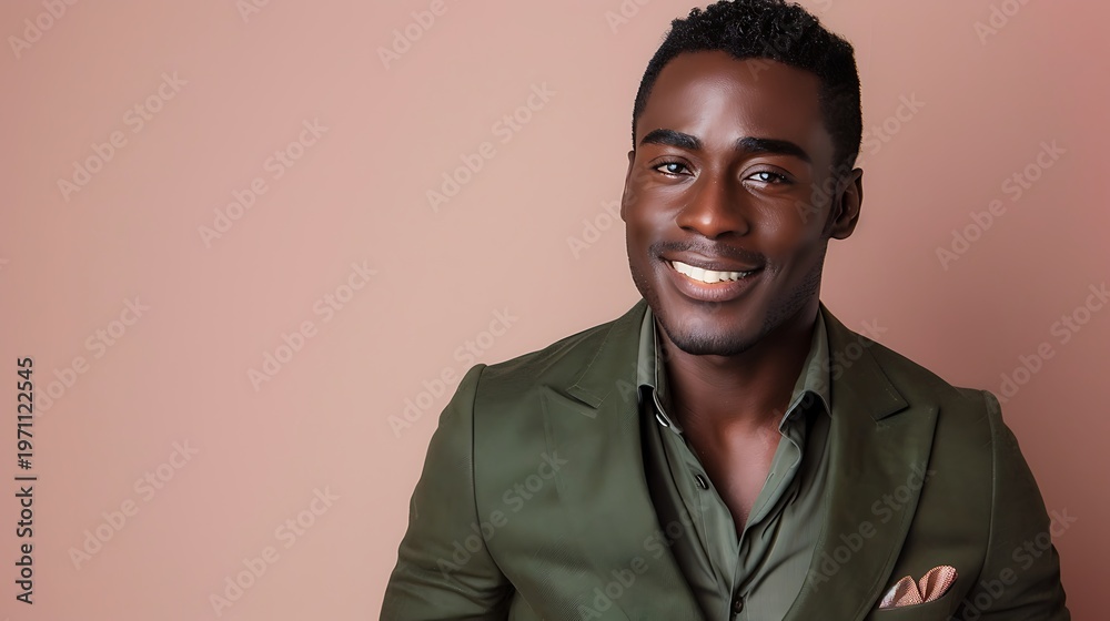 Obraz premium Handsome african american man with short hair wearing olive green tailored blazer and matching shirt smiling confidently against muted pink studio wall today