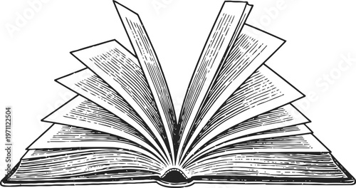 Open book with flipping pages illustration vintage hand drawn reading literature education design