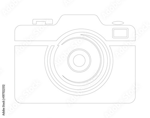 ミニマルな線画のカメラアイコン、写真撮影やデジタルメディアを象徴するシンプルなベクターイラスト、ウェブサイトやアプリデザインに最適な白黒のアウトライングラフィック