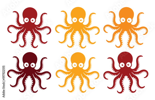 かわいいタコのベクターイラストセット、赤、オレンジ、茶色のカラフルなタコキャラクターコレクション、海洋生物のアイコンデザイン素材