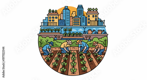 Urban agriculture with city skyline and workers tending plants