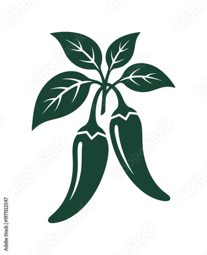 チリペッパーのシンプルでモダンなベクターイラスト、料理やスパイスを象徴するダークグリーンの唐辛子と葉っぱ、食品関連デザインに最適なグラフィック素材