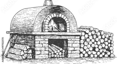 Traditional brick oven with stacked firewood ready for baking and cooking outdoors