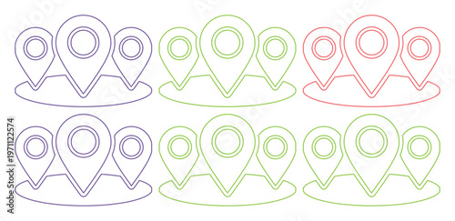 カラフルなロケーションピンアイコンセット、地図上の場所を示すシンプルなアウトラインベクターイラスト、GPSナビゲーションと位置情報サービスのグラフィック素材
