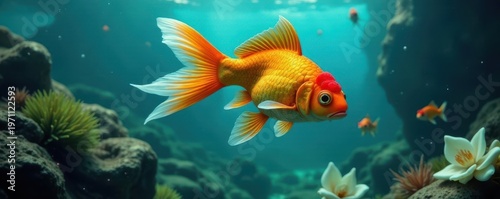 Goldfish airborne, leaping from tank towards ocean , leap, water