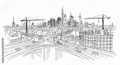 Urban cityscape with busy highway interchange and construction
