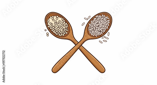 Two wooden spoons crossed, one with grains, the other with rice